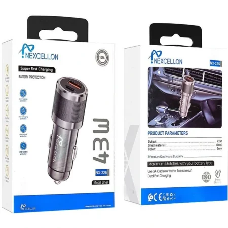 شارژر فندکی 43 وات 2 خروجی برند nexcellon مدل NX-225 آسان توزیع https://asantozi.com