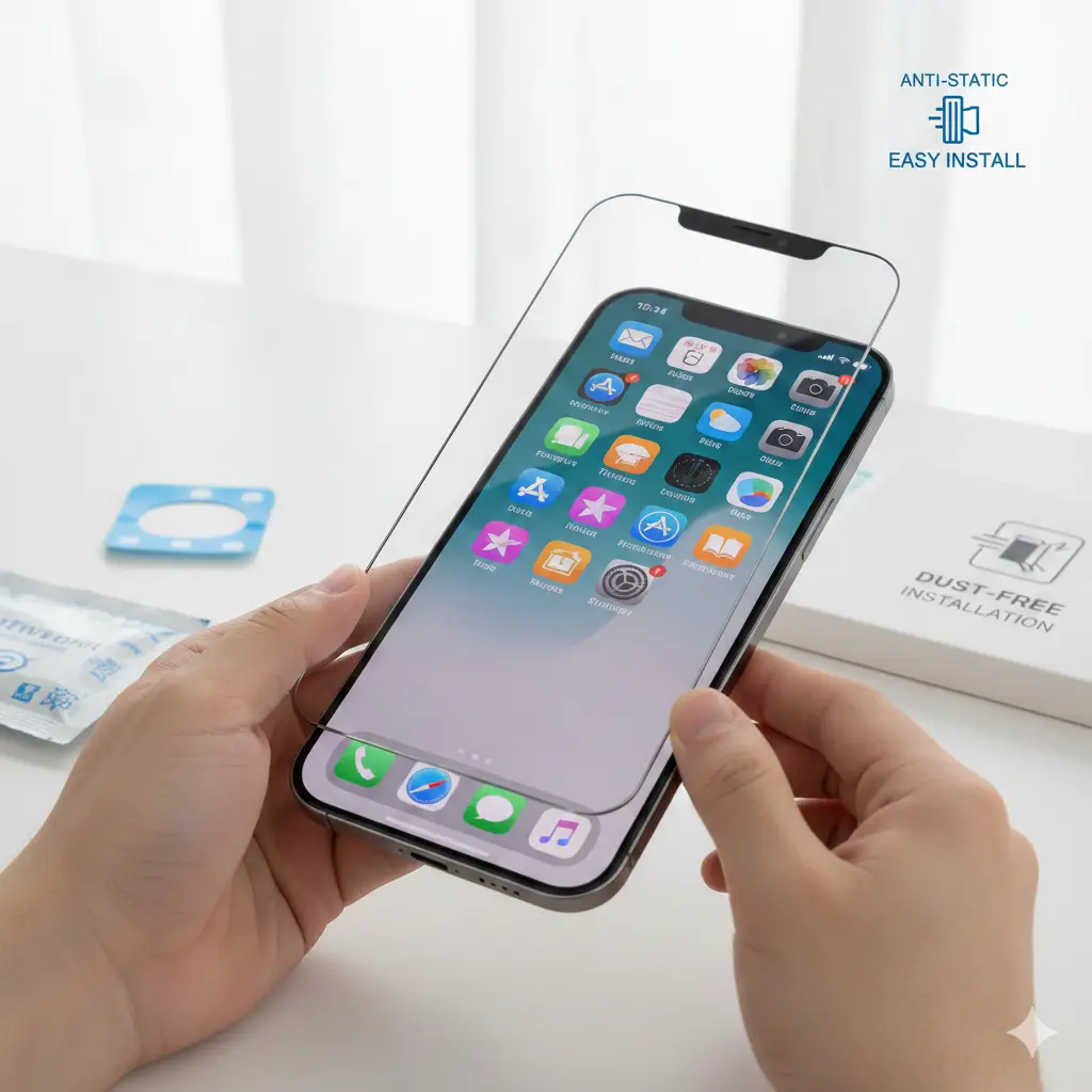 نصب آسان گلس آنتی استاتیک آیفون ۱۴ بدون گرد و غبار