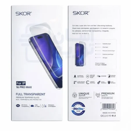 گلس محافظ صفحه بدون حاشیه آنتی استاتیک برند اسکور SKOR مدل آیفون 16promax-asantozi