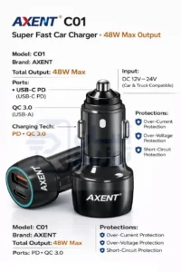 شارژر فندکی 48 وات 2خروجی اکسنت Axent مدل C01