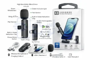 میکروفون یقه ای بی سیم مدل K8 تایپ سی + لایتنینگ7
