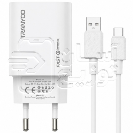 مجموعه شارژر تایپسی ترانیو Tranyoo مدل T-SE4C آداپتور 3.6 آمپر + کابل شارژ تایپسیwww.asantozi.com