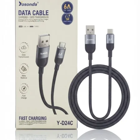 کابل شارژ USB به Type-C یوسوندا مدل Y-D24C فست شارژ 6 آمپر در کنار جعبه