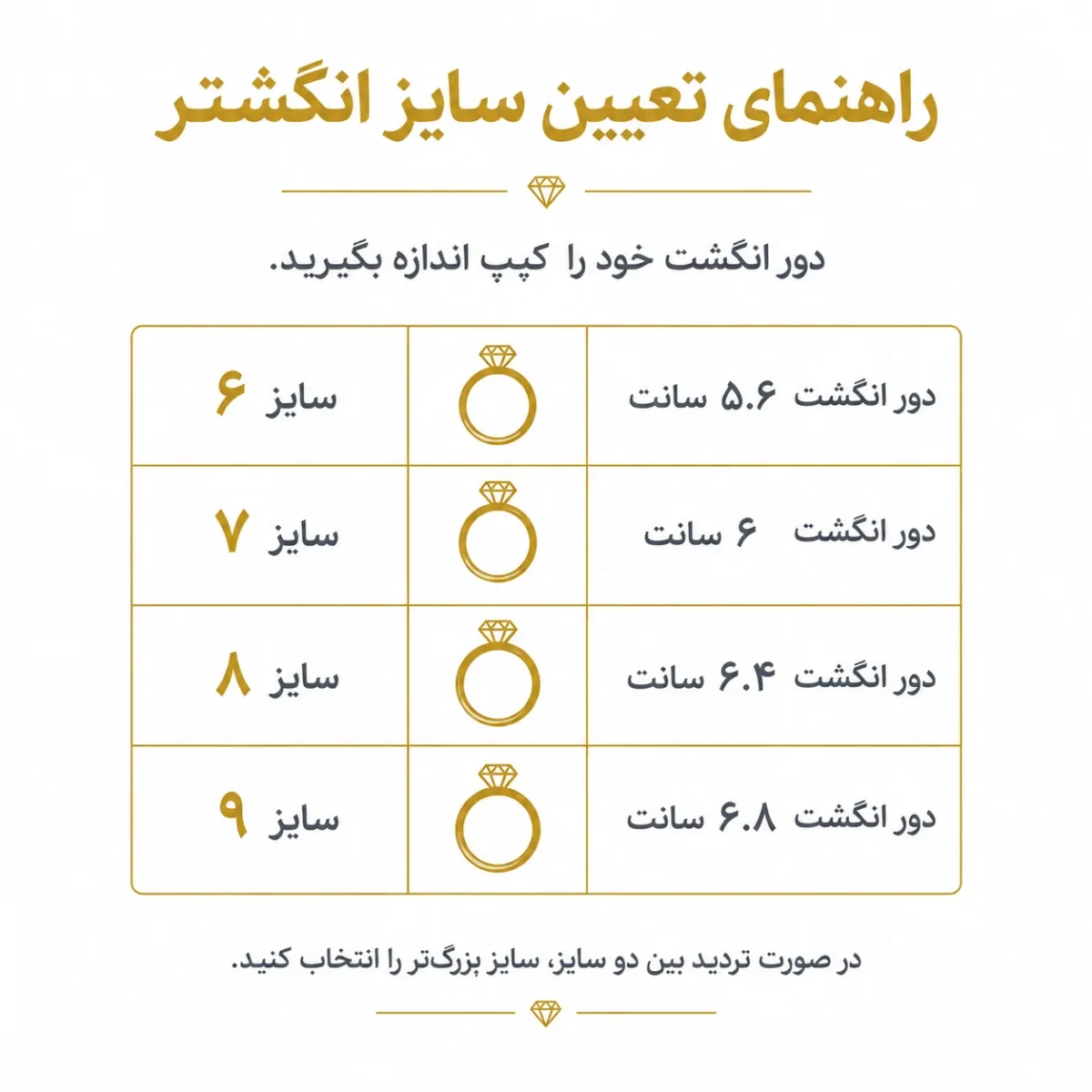 سایز انگشتر گره نیمه نگین ژوپینگ